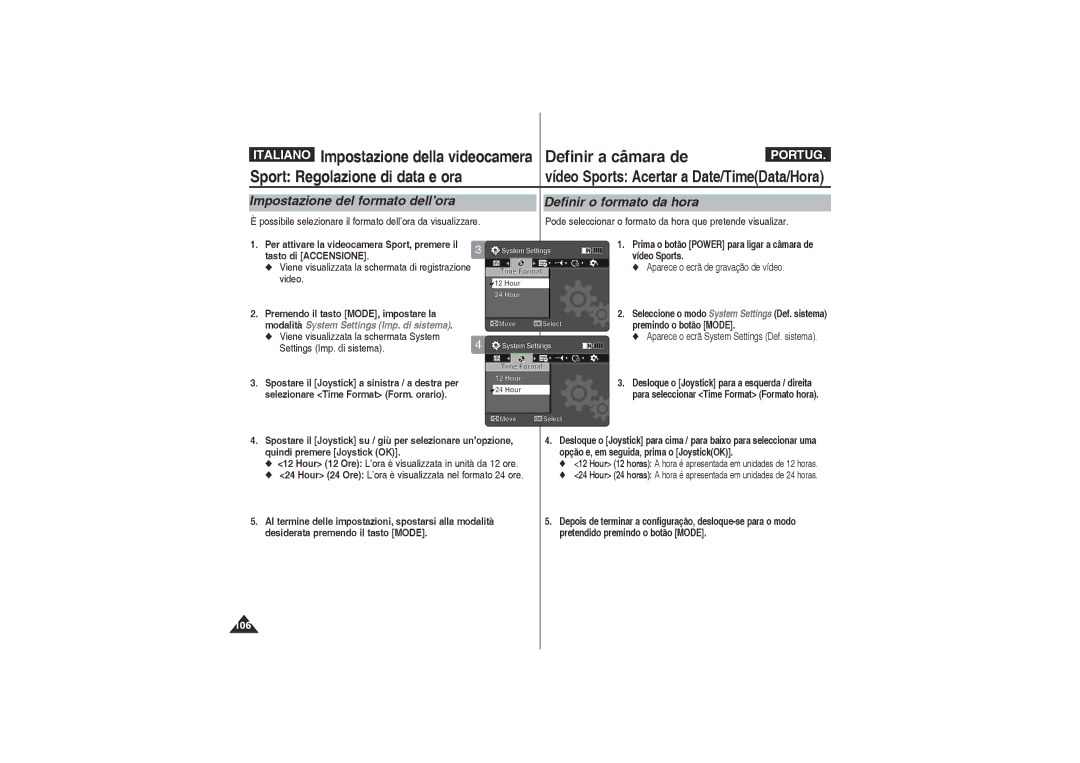 Samsung VP-X210L/XET, VP-X220L/XET manual Impostazione del formato dell’ora Definir o formato da hora 