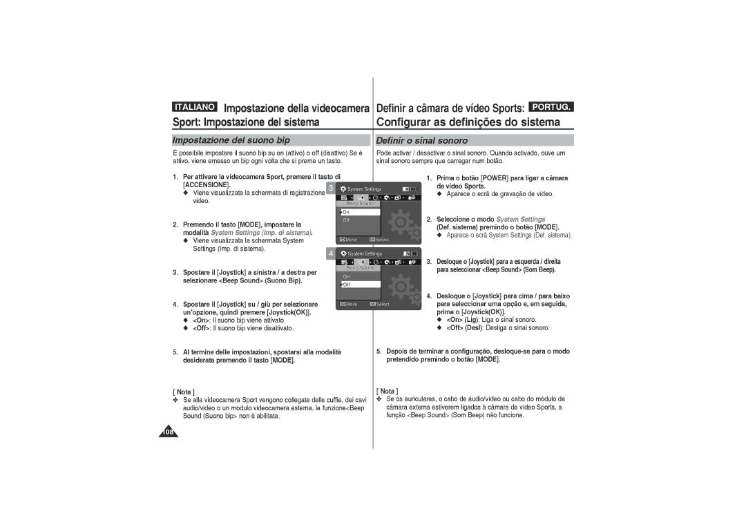 Samsung VP-X210L/XET, VP-X220L/XET Configurar as definições do sistema, Impostazione del suono bip, Definir o sinal sonoro 