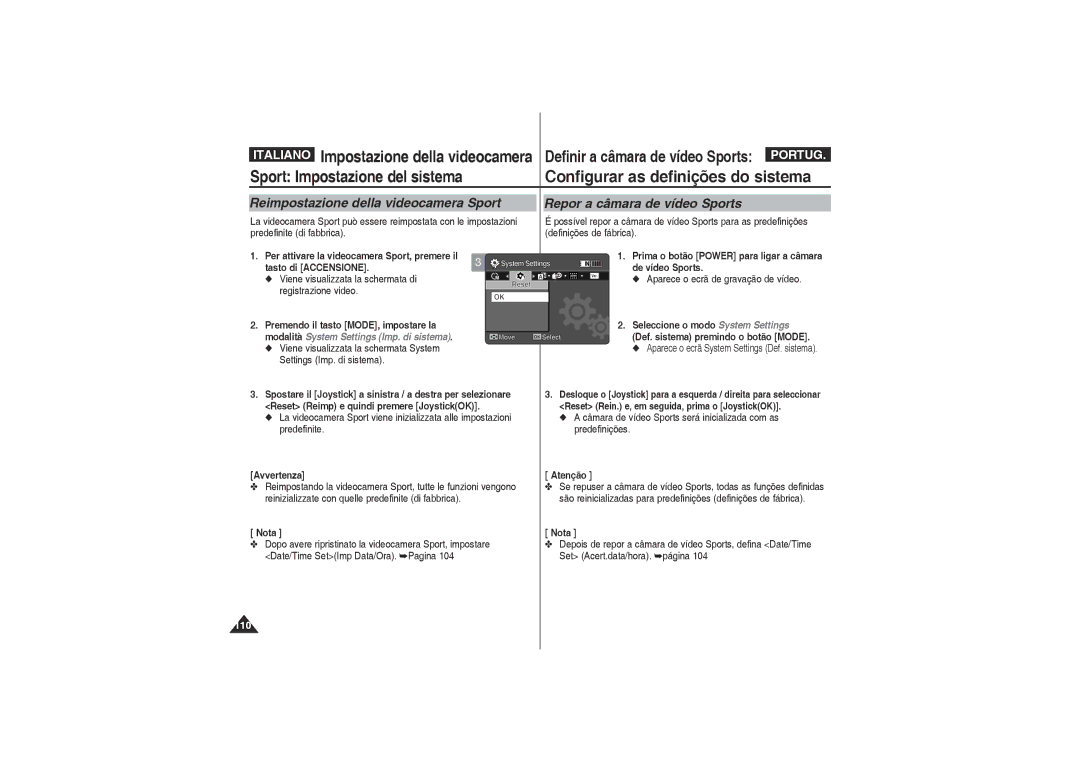 Samsung VP-X210L/XET manual Reimpostazione della videocamera Sport, Repor a câmara de vídeo Sports, Avvertenza, Atenção 