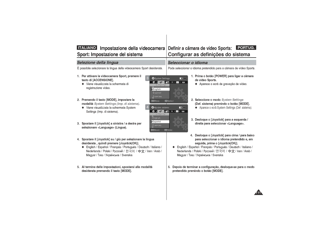 Samsung VP-X220L/XET, VP-X210L/XET manual Selezione della lingua Seleccionar o idioma, Direita para seleccionar Language 