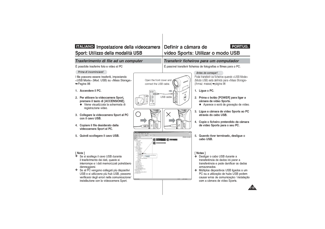 Samsung VP-X220L/XET, VP-X210L/XET manual Vídeo Sports Utilizar o modo USB, Trasferimento di file ad un computer 