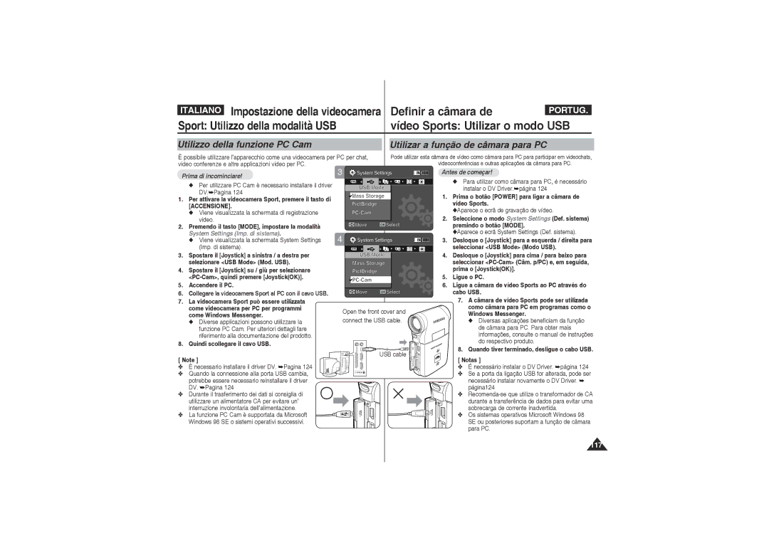 Samsung VP-X220L/XET Seleccione o modo System Settings Def. sistema, Premindo o botão Mode, Seleccionar USB Mode Modo USB 