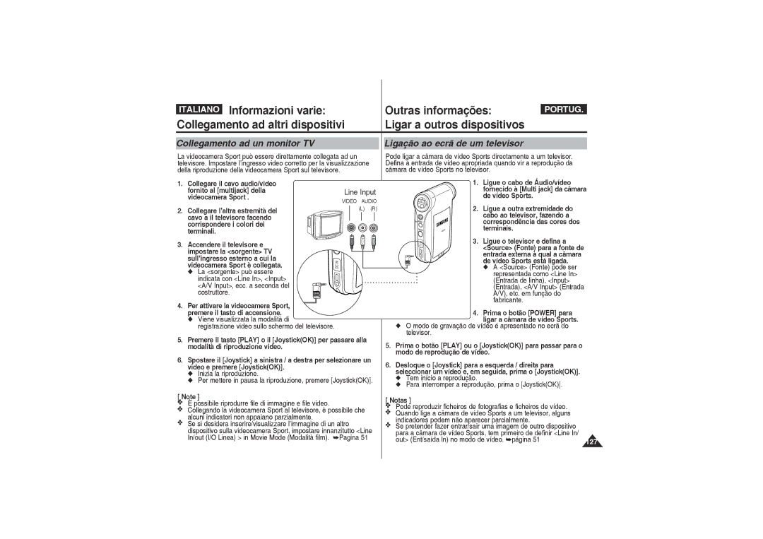 Samsung VP-X220L/XET, VP-X210L/XET manual Collegamento ad un monitor TV, Ligação ao ecrã de um televisor 