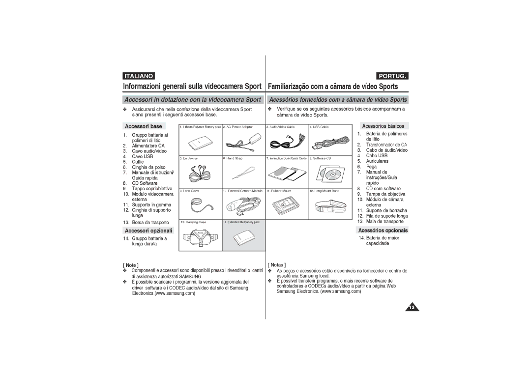 Samsung VP-X220L/XET, VP-X210L/XET Accessori base, Accessori opzionali, Acessórios opcionais, Acessórios básicos, Notas 