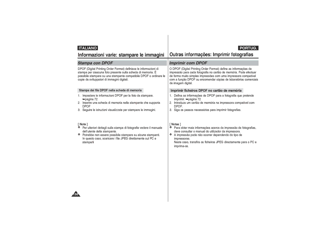 Samsung VP-X210L/XET, VP-X220L/XET manual Stampa con Dpof Imprimir com Dpof, Imprimir ficheiros Dpof no cartão de memória 