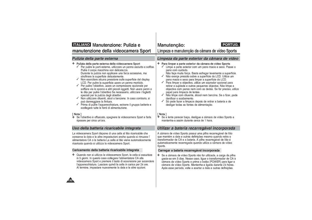 Samsung VP-X210L/XET, VP-X220L/XET manual Pulizia della parte esterna, Limpeza da parte exterior da câmara de vídeo 