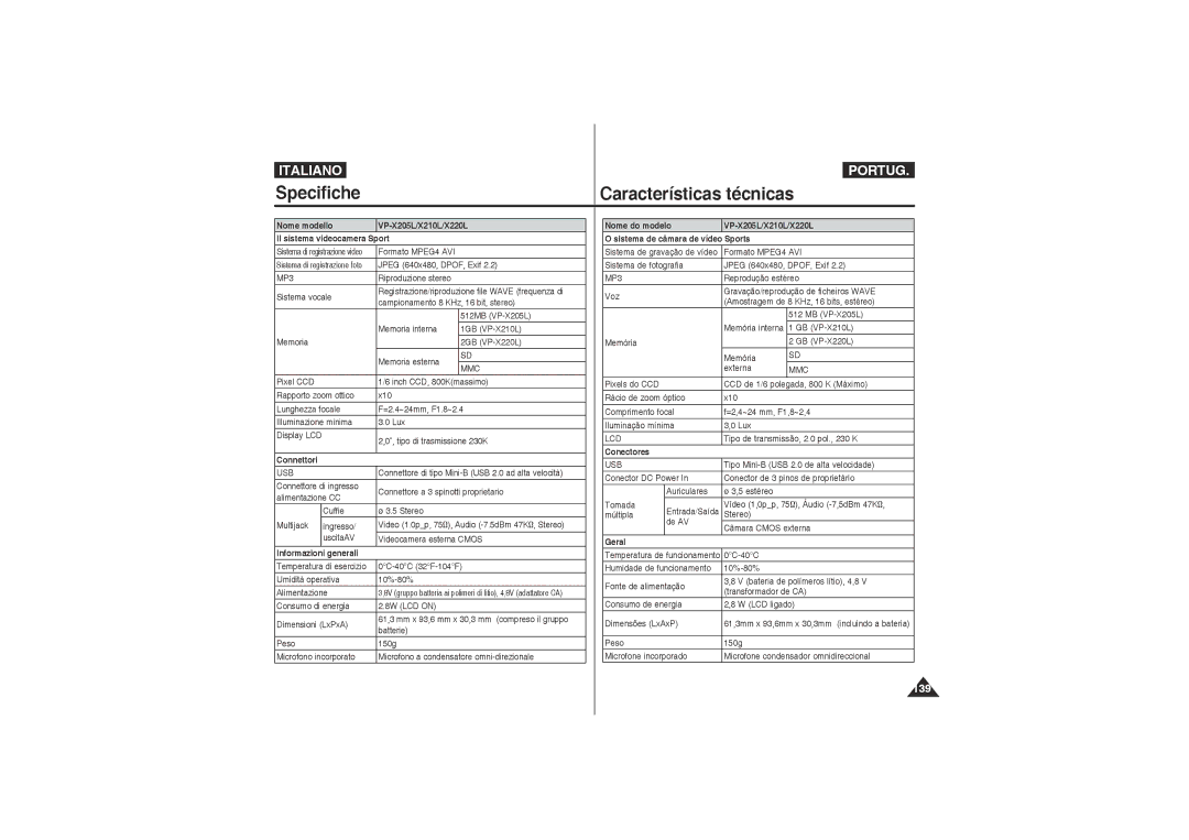 Samsung VP-X220L/XET manual Specifiche Características técnicas, Connettori, Informazioni generali, Conectores, Geral 