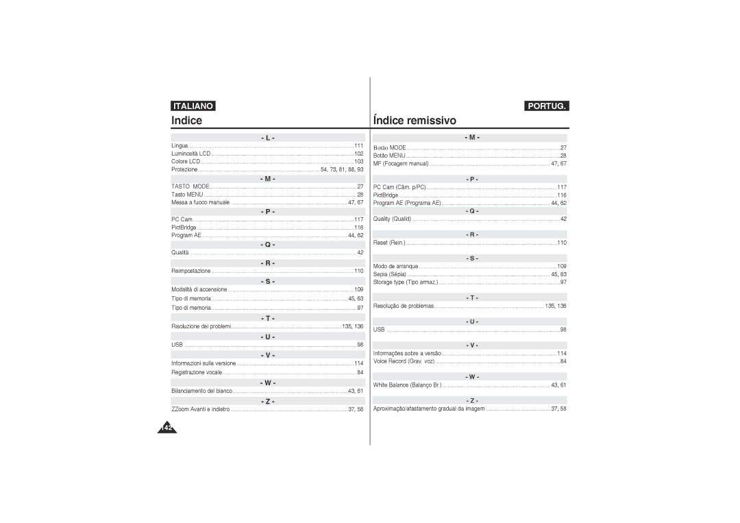 Samsung VP-X210L/XET, VP-X220L/XET manual Indice Índice remissivo 