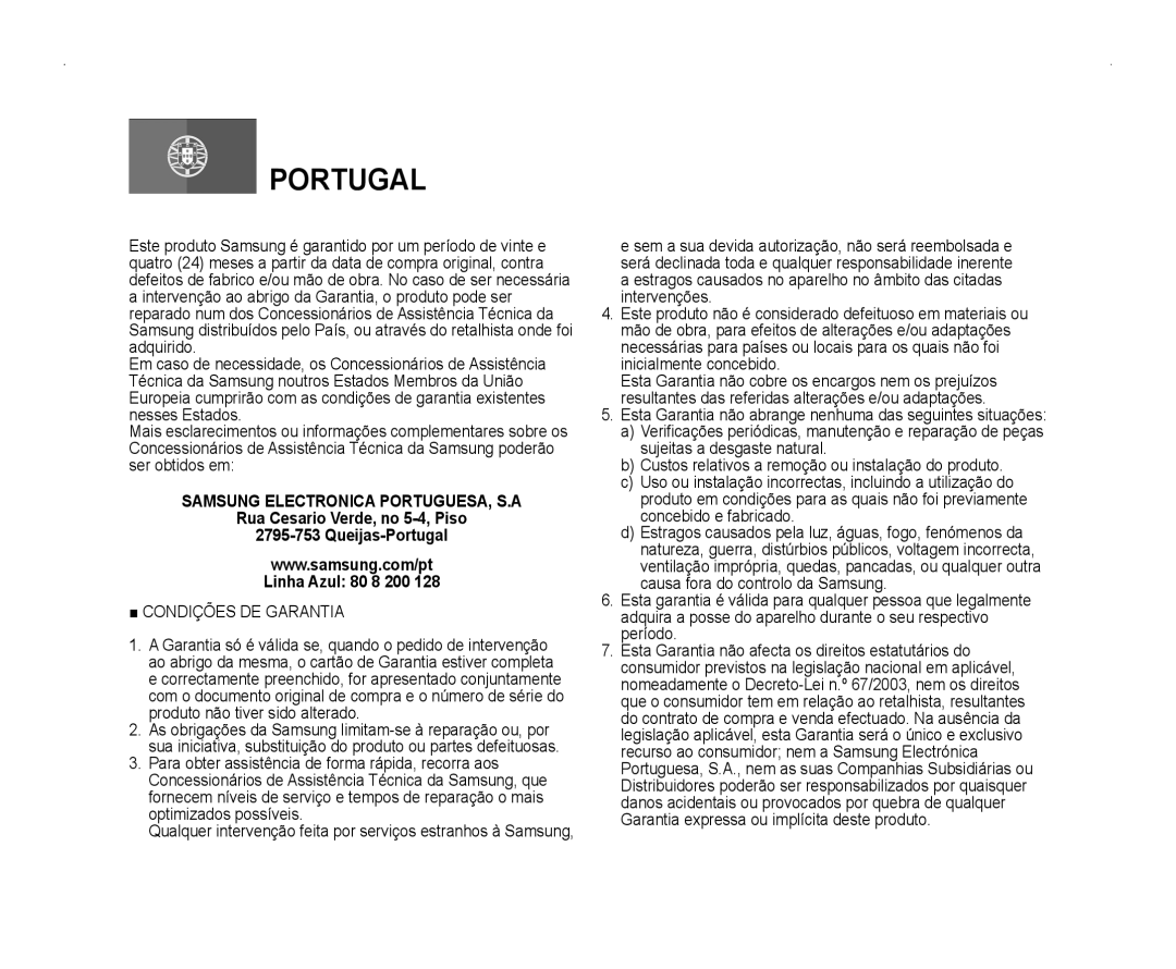 Samsung VP-X210L/XET, VP-X220L/XET manual Portugal 