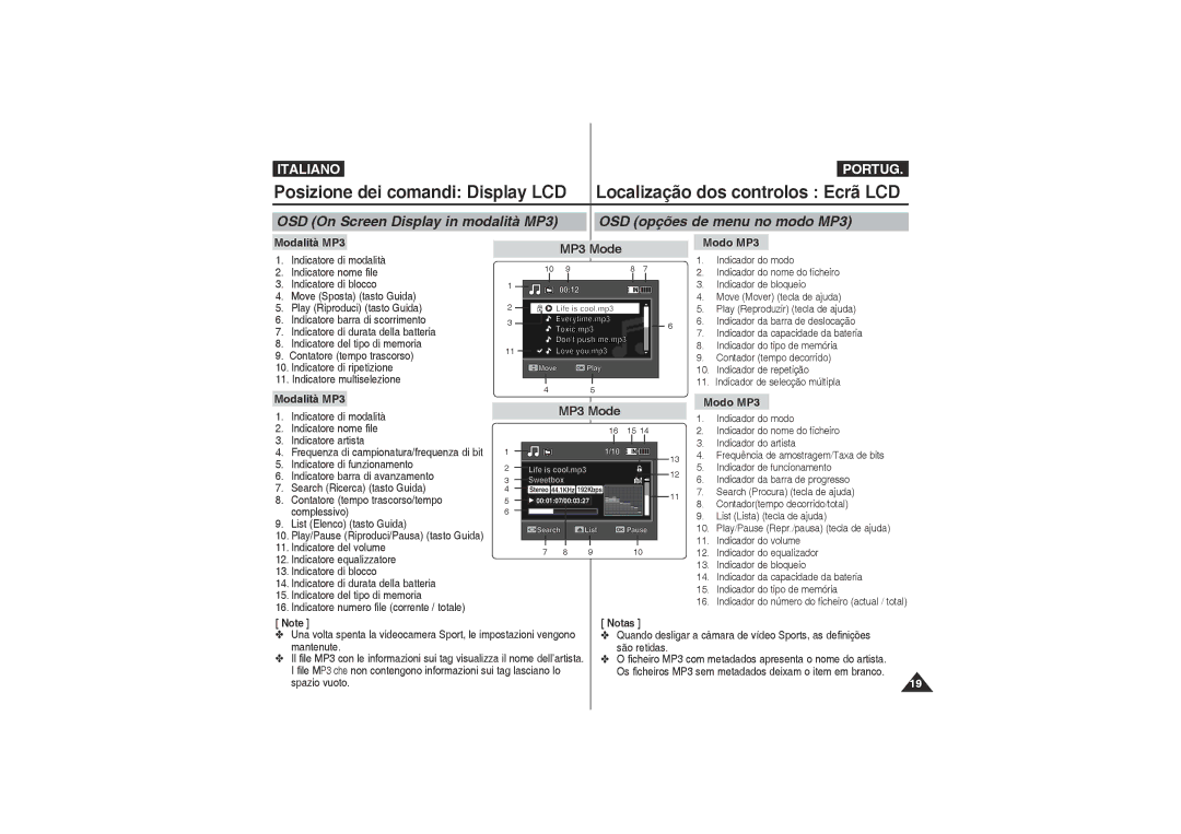 Samsung VP-X220L/XET, VP-X210L/XET manual Modalità MP3, Modo MP3 