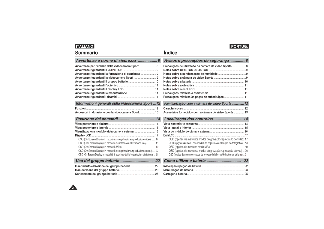 Samsung VP-X210L/XET, VP-X220L/XET manual Localização dos controlos, Uso del gruppo batterie, Como utilizar a bateria 