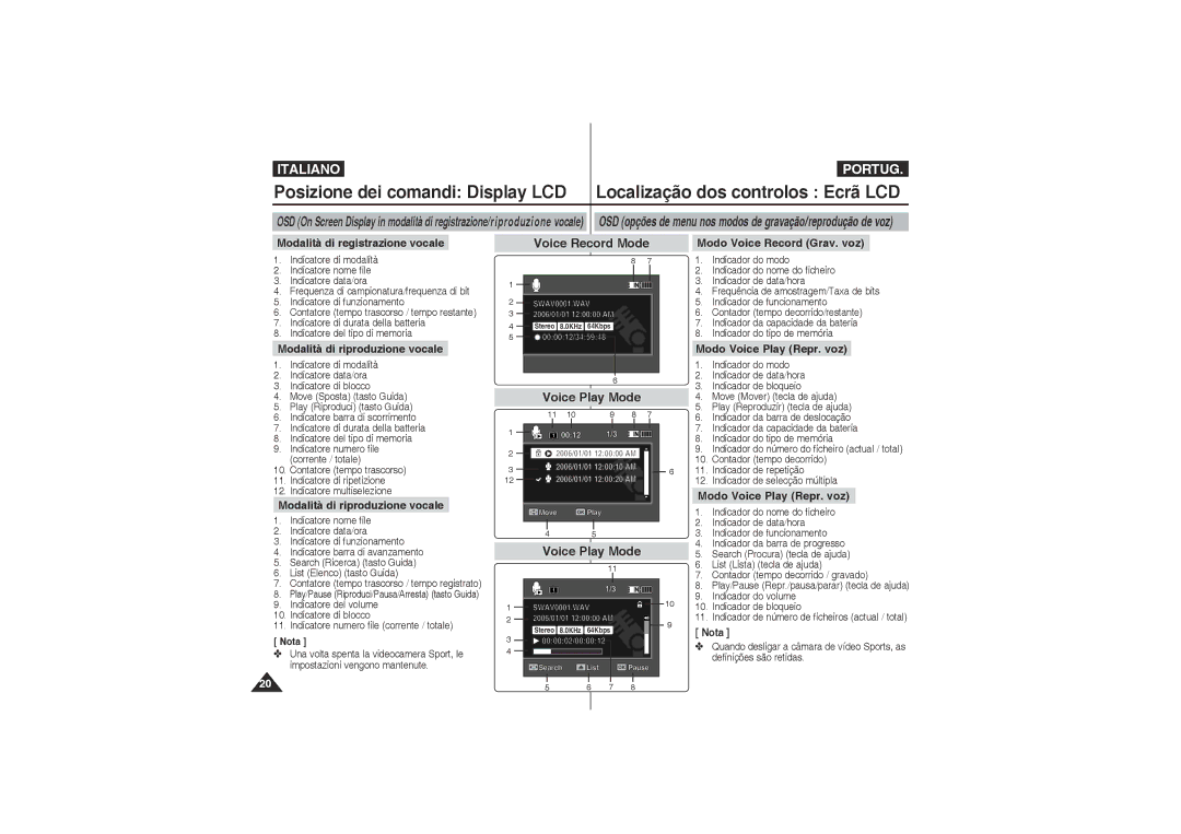 Samsung VP-X210L/XET, VP-X220L/XET Modo Voice Record Grav. voz, Modalità di riproduzione vocale, Modo Voice Play Repr. voz 