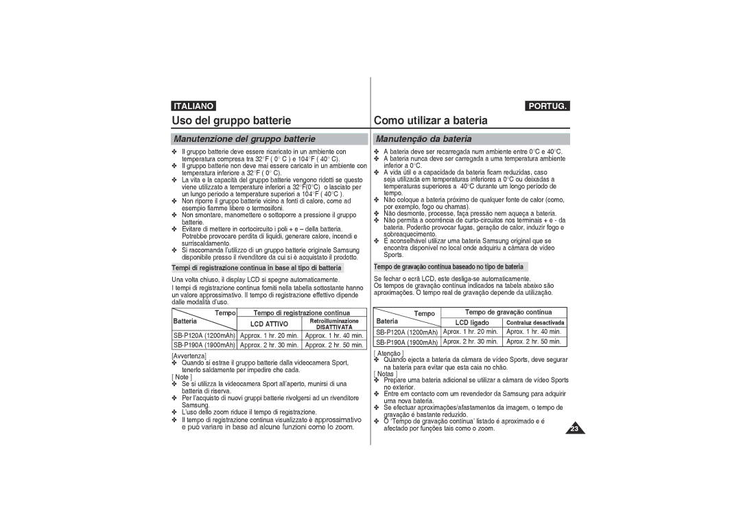 Samsung VP-X220L/XET, VP-X210L/XET manual Uso del gruppo batterie Como utilizar a bateria, Manutenzione del gruppo batterie 