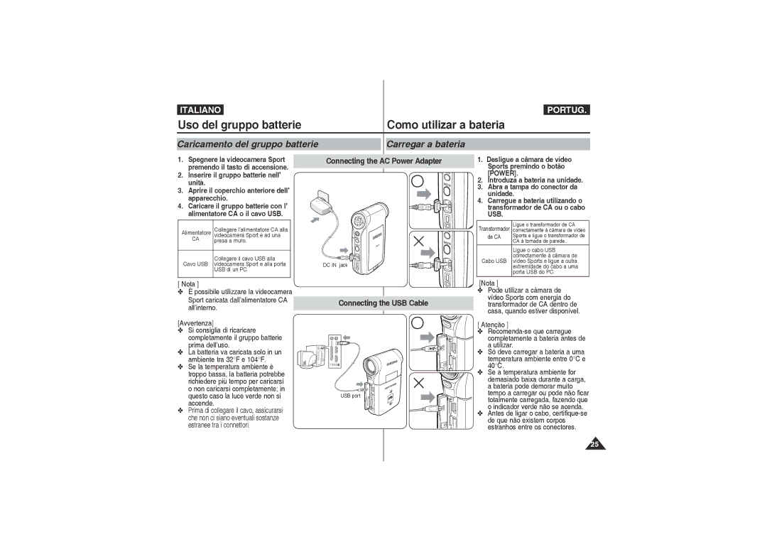 Samsung VP-X220L/XET manual Caricamento del gruppo batterie, Carregar a bateria, Connecting the AC Power Adapter, Nota 