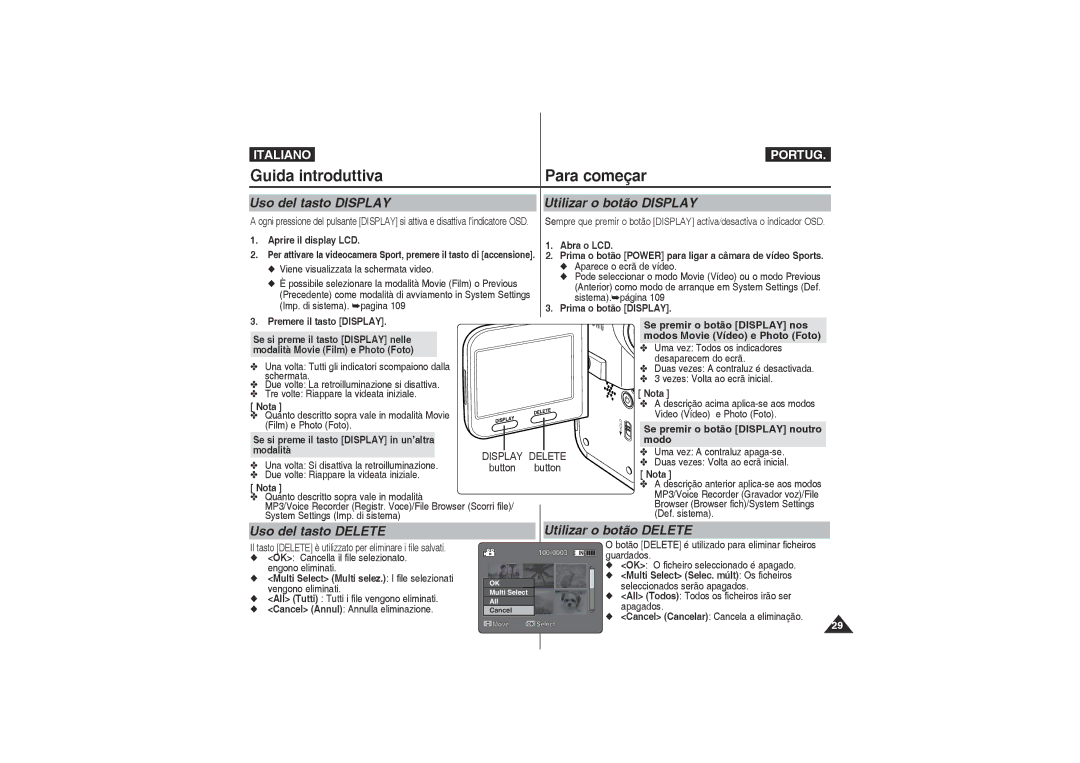 Samsung VP-X220L/XET Uso del tasto Display, Utilizar o botão Display, Uso del tasto Delete Utilizar o botão Delete, Modo 