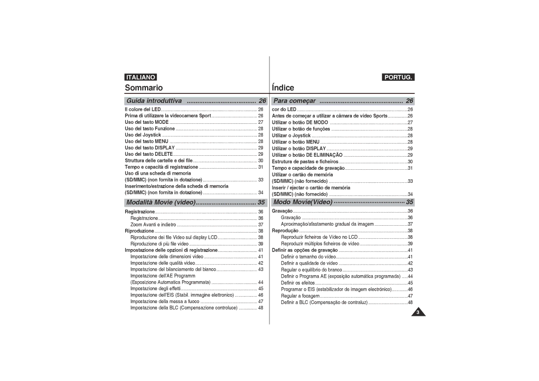 Samsung VP-X220L/XET, VP-X210L/XET manual Sommario Índice, Guida introduttiva, Para começar 