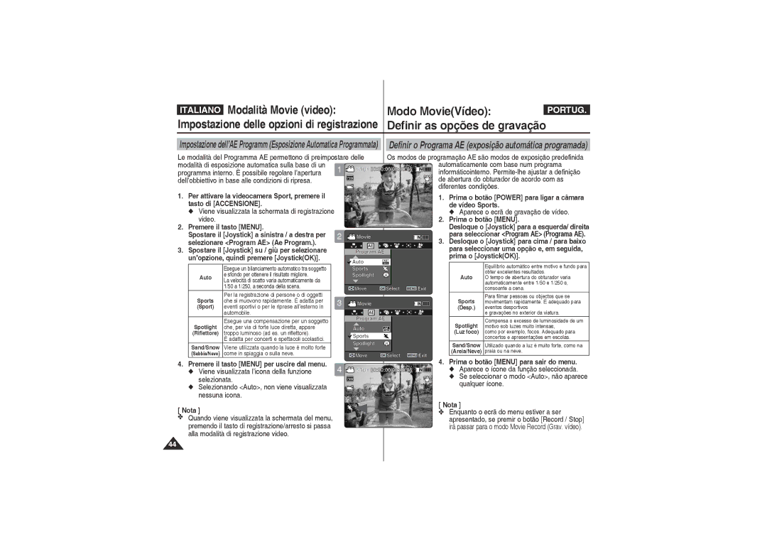 Samsung VP-X210L/XET manual Automaticamente com base num programa, Dell’obbiettivo in base alle condizioni di ripresa 