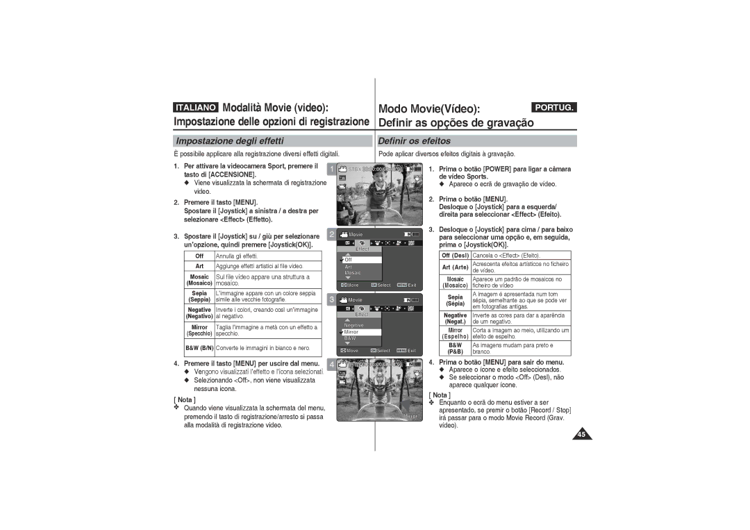 Samsung VP-X220L/XET Impostazione degli effetti Definir os efeitos, Selezionando Off, non viene visualizzata nessuna icona 