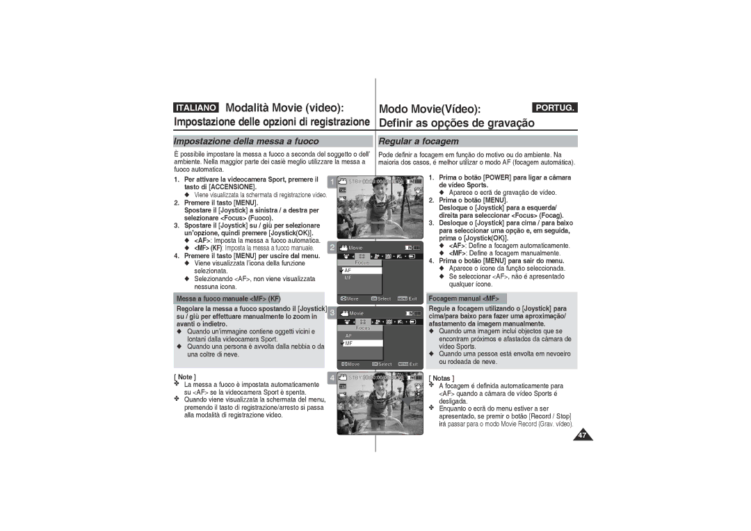 Samsung VP-X220L/XET, VP-X210L/XET manual Impostazione della messa a fuoco Regular a focagem 