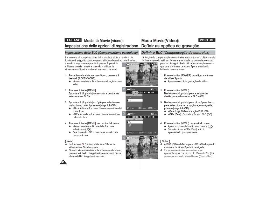 Samsung VP-X210L/XET, VP-X220L/XET Brilhante ou com neve, Direita para seleccionar BLC CC, On Lig Define a função BLC CC 