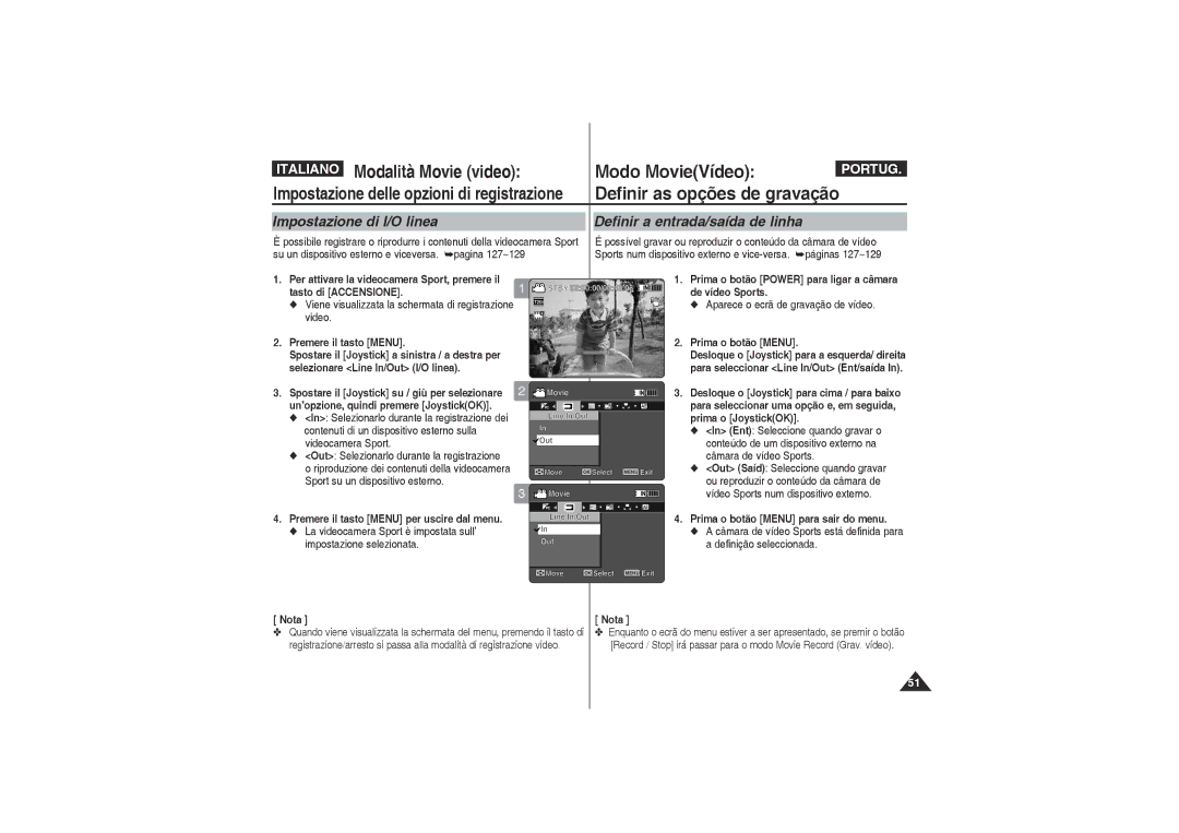 Samsung VP-X220L/XET, VP-X210L/XET manual Impostazione di I/O linea, Definir a entrada/saída de linha 