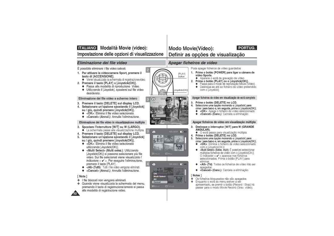 Samsung VP-X210L/XET manual Definir as opções de visualização, Eliminazione dei file video Apagar ficheiros de vídeo 