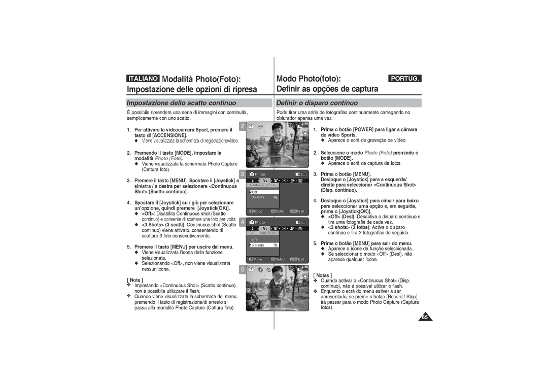 Samsung VP-X220L/XET, VP-X210L/XET manual Cattura foto, Shot Scatto continuo, Off Disabilita Continuous shot Scatto 