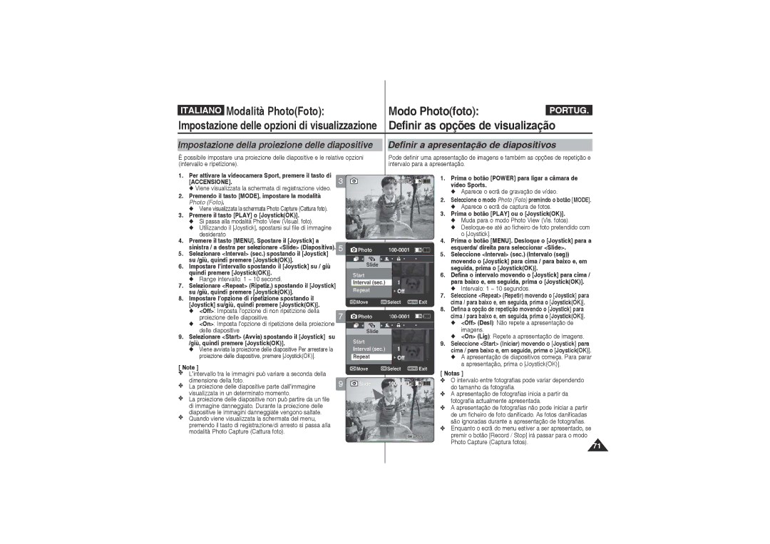 Samsung VP-X220L/XET, VP-X210L/XET Impostazione della proiezione delle diapositive, Definir a apresentação de diapositivos 