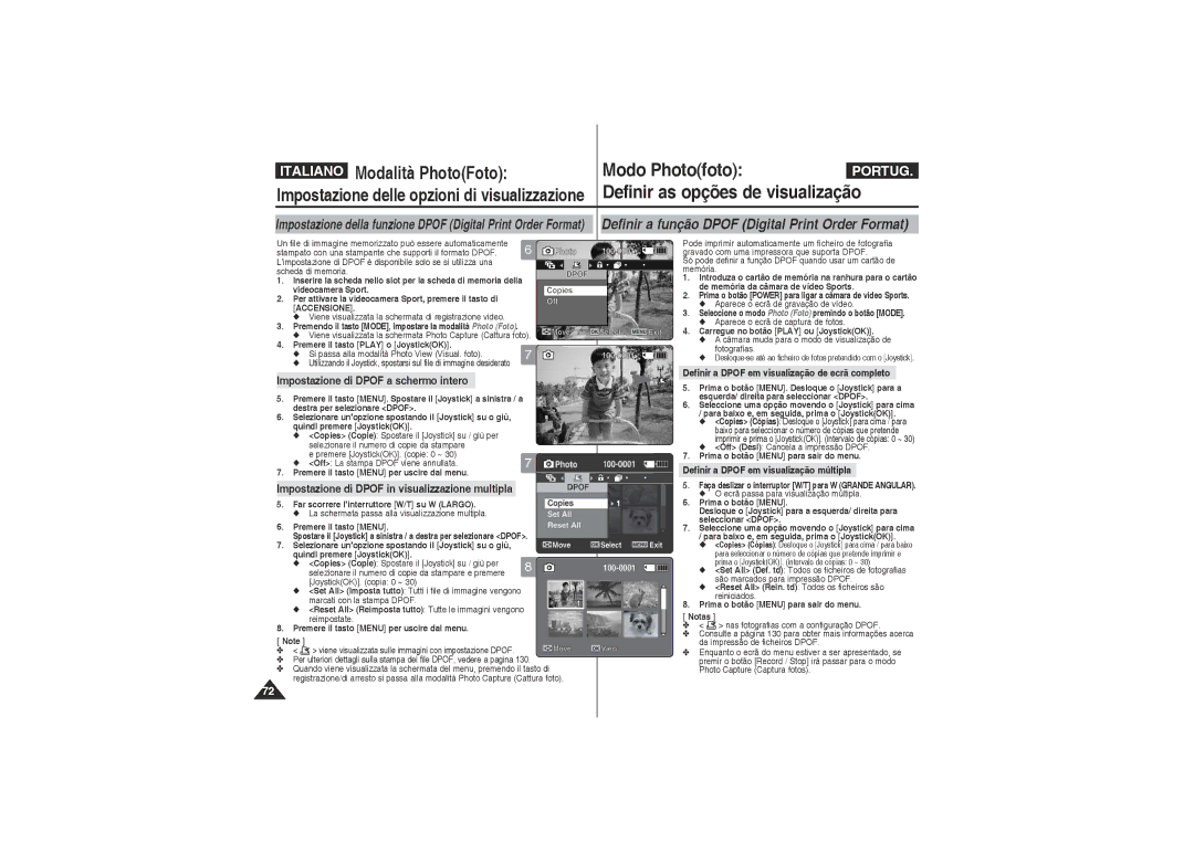 Samsung VP-X210L/XET, VP-X220L/XET Impostazione di Dpof a schermo intero, Impostazione di Dpof in visualizzazione multipla 