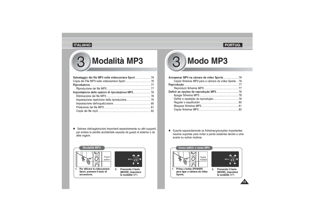 Samsung VP-X220L/XET, VP-X210L/XET manual Copiar ficheiros MP3 para a câmara de vídeo Sports, Reproduzir ficheiros MP3 