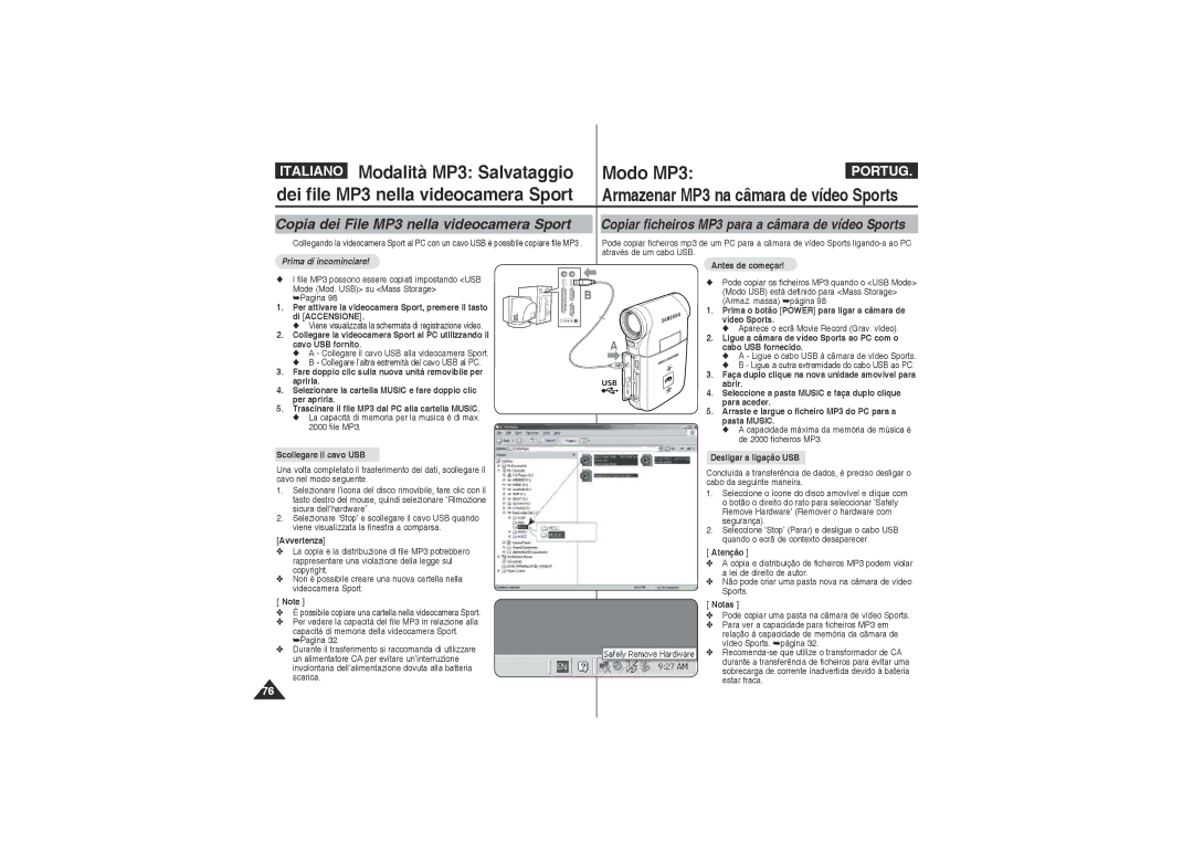 Samsung VP-X210L/XET, VP-X220L/XET manual Modalità MP3 Salvataggio Modo MP3, Dei file MP3 nella videocamera Sport 