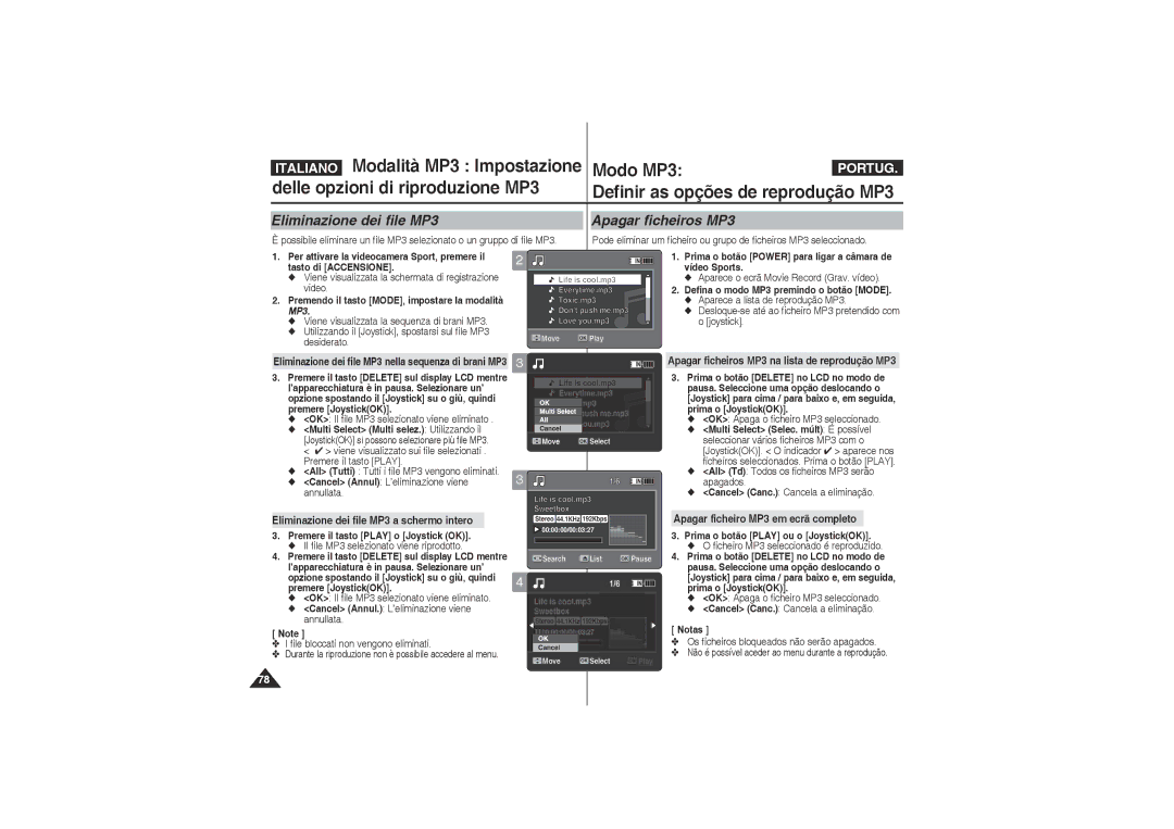 Samsung VP-X210L/XET, VP-X220L/XET manual Modalità MP3 Impostazione Modo MP3, Eliminazione dei file MP3 Apagar ficheiros MP3 