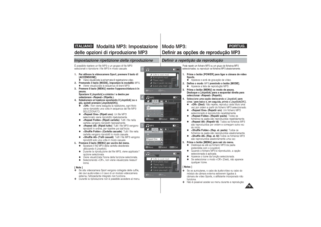 Samsung VP-X220L/XET, VP-X210L/XET manual Defina o modo MP3 premindo o botão Mode, Repeat 