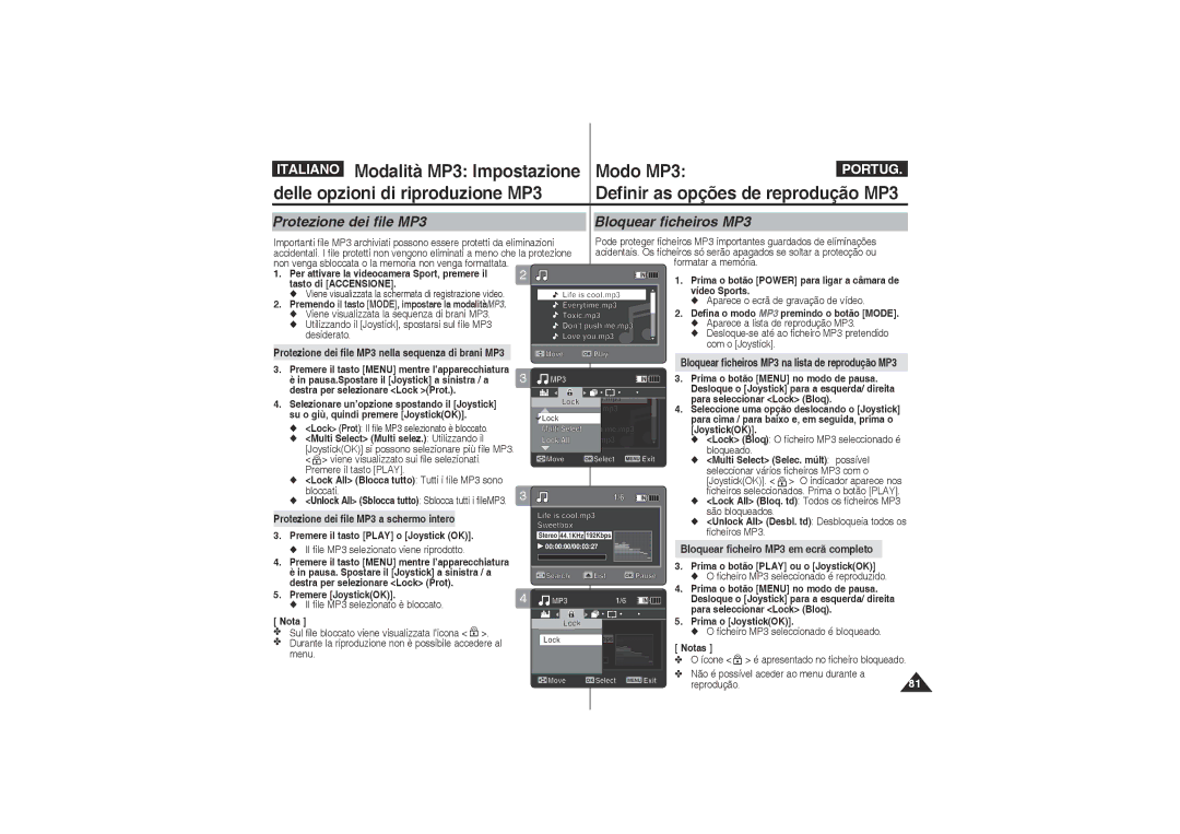 Samsung VP-X220L/XET, VP-X210L/XET manual Protezione dei file MP3 Bloquear ficheiros MP3 