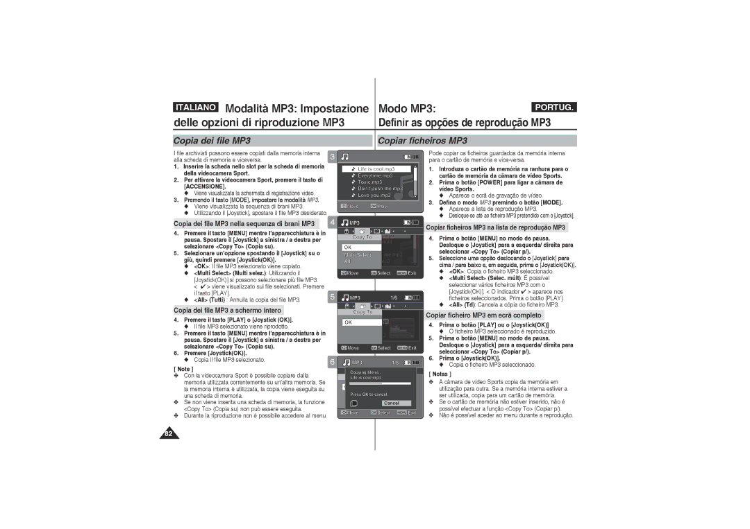 Samsung VP-X210L/XET, VP-X220L/XET manual Delle opzioni di riproduzione MP3, Copia dei file MP3 Copiar ficheiros MP3 