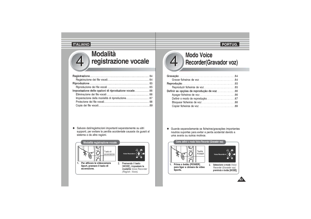 Samsung VP-X220L/XET, VP-X210L/XET manual Modalità Registrazione vocale, Tasto di Accensione 