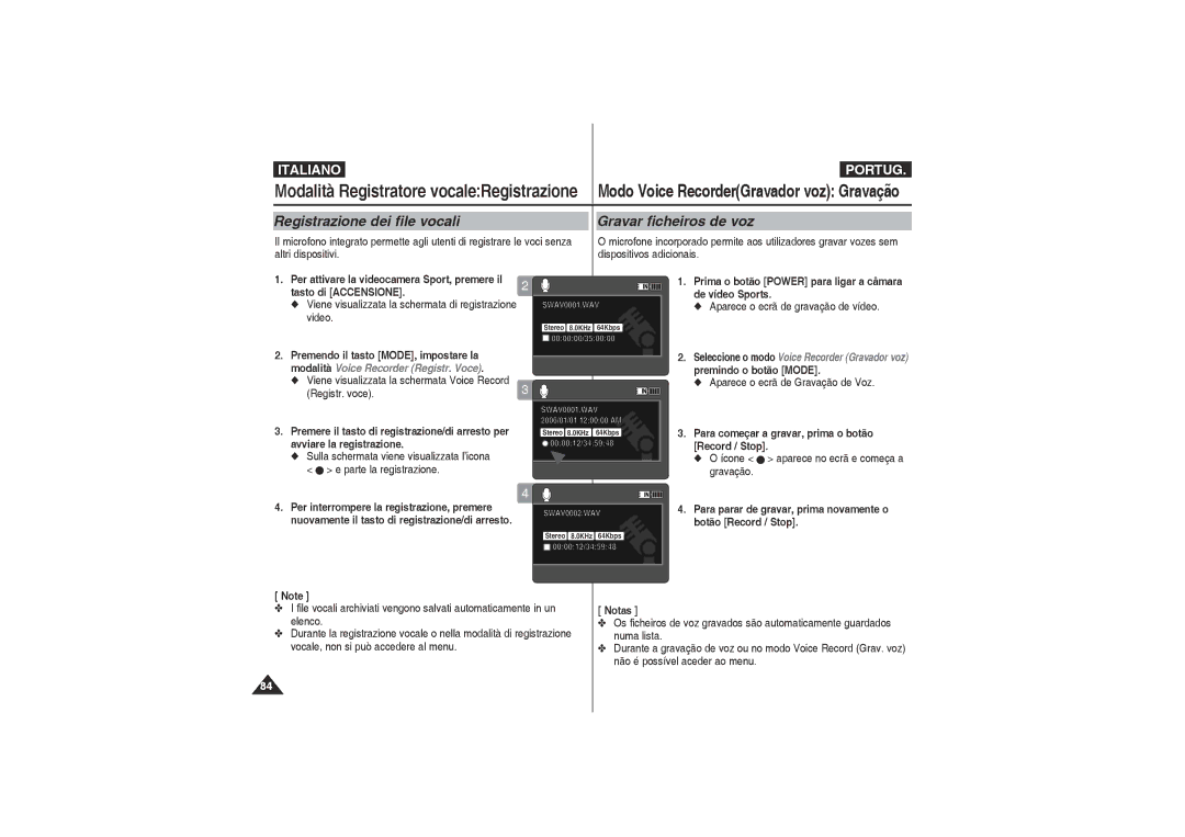 Samsung VP-X210L/XET, VP-X220L/XET manual Registrazione dei file vocali Gravar ficheiros de voz 