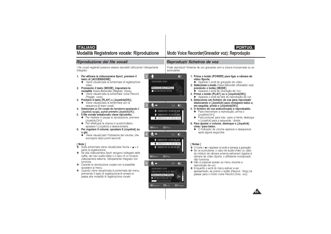 Samsung VP-X220L/XET Riproduzione dei file vocali Reproduzir ficheiros de voz, Video Premendo il tasto MODE, impostare la 