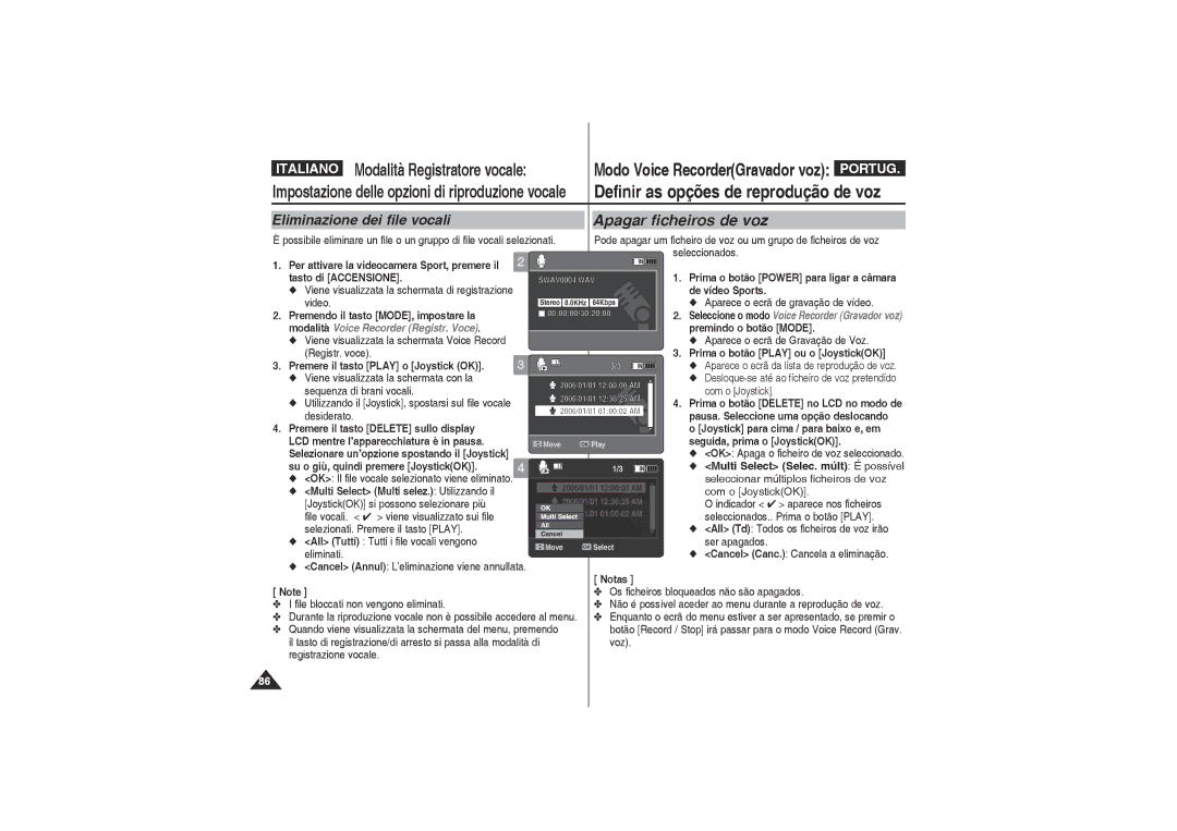 Samsung VP-X210L/XET, VP-X220L/XET manual Eliminazione dei file vocali, Premere il tasto Play o Joystick OK 