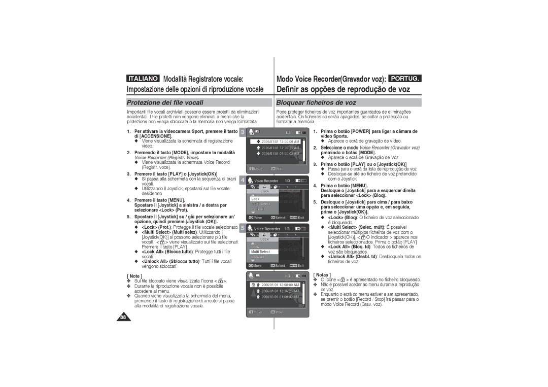 Samsung VP-X210L/XET, VP-X220L/XET manual Protezione dei file vocali, Bloquear ficheiros de voz 