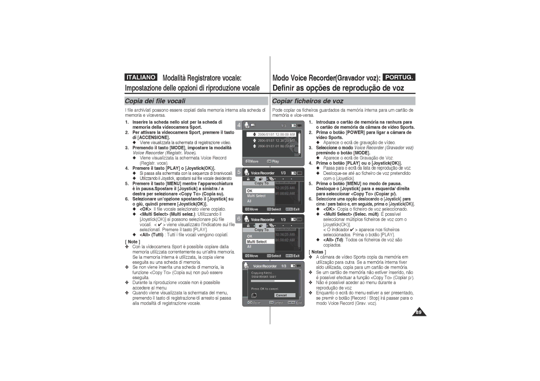 Samsung VP-X220L/XET manual Copia dei file vocali Copiar ficheiros de voz, OK Il file vocale selezionato viene copiato 