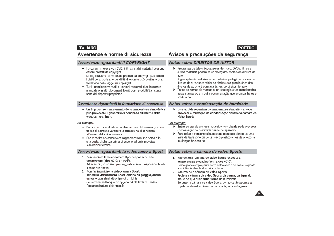 Samsung VP-X220L/XET, VP-X210L/XET manual Avvertenze riguardanti il Copyright, Notas sobre Direitos DE Autor 