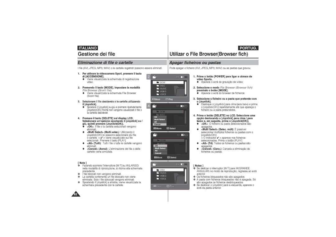 Samsung VP-X210L/XET, VP-X220L/XET Gestione dei file Utilizar o File BrowserBrowser fich, Eliminazione di file o cartelle 