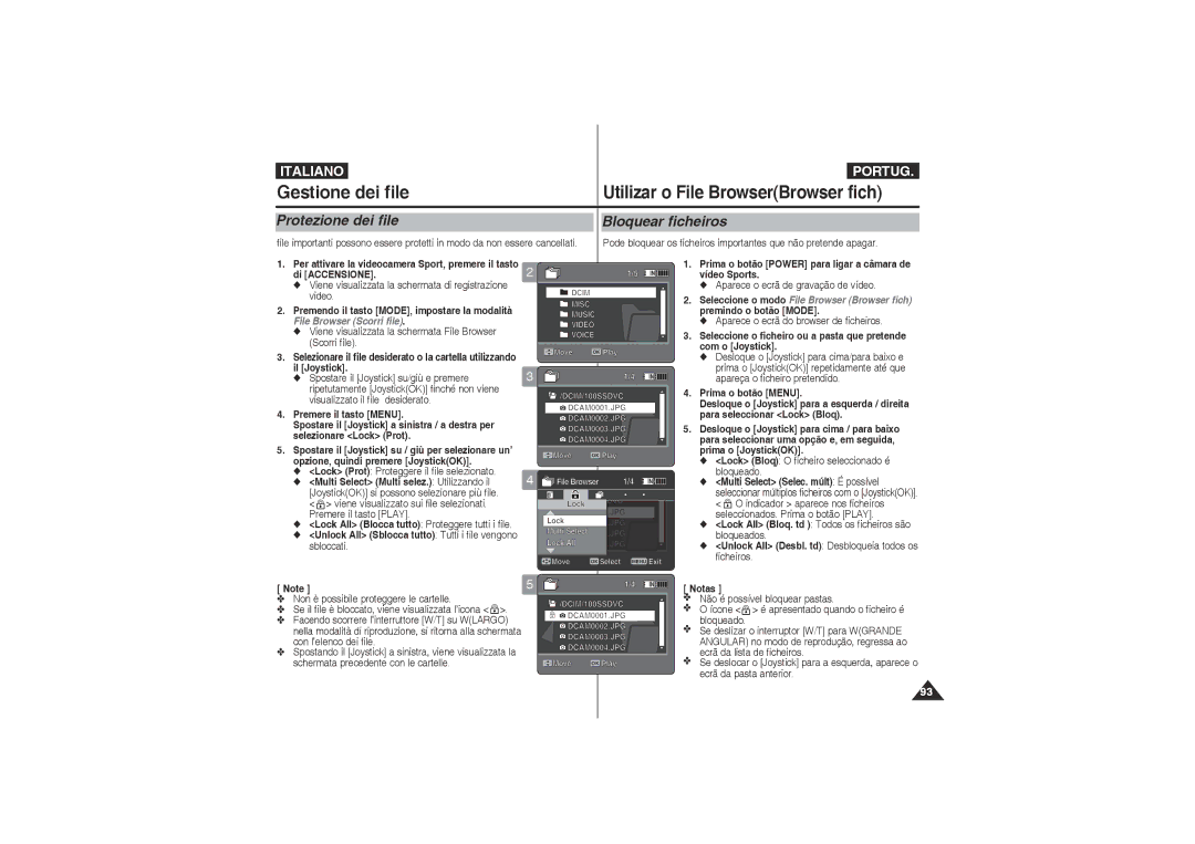 Samsung VP-X220L/XET, VP-X210L/XET manual Gestione dei file, Protezione dei file, Bloquear ficheiros 