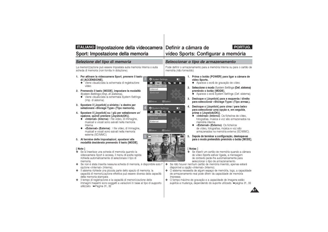 Samsung VP-X220L/XET, VP-X210L/XET Definir a câmara de, Vídeo Sports Configurar a memória, Selezione del tipo di memoria 