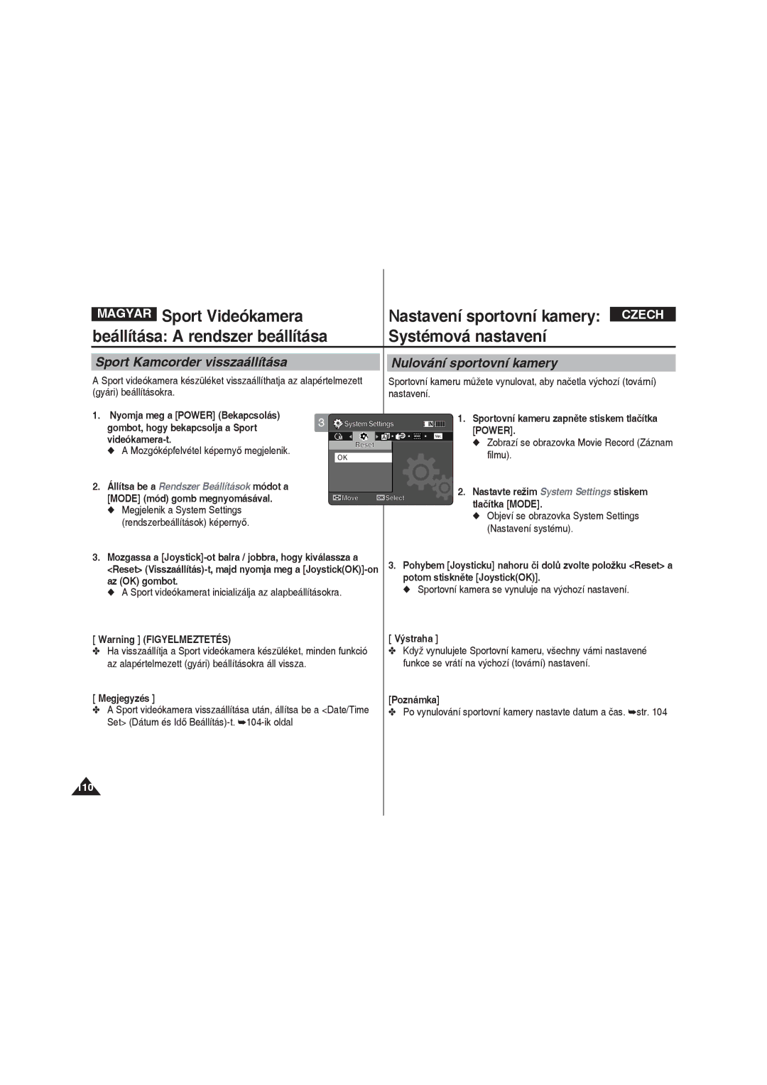 Samsung VP-X220L/XEO manual Sport Kamcorder visszaállítása, Nulování sportovní kamery 