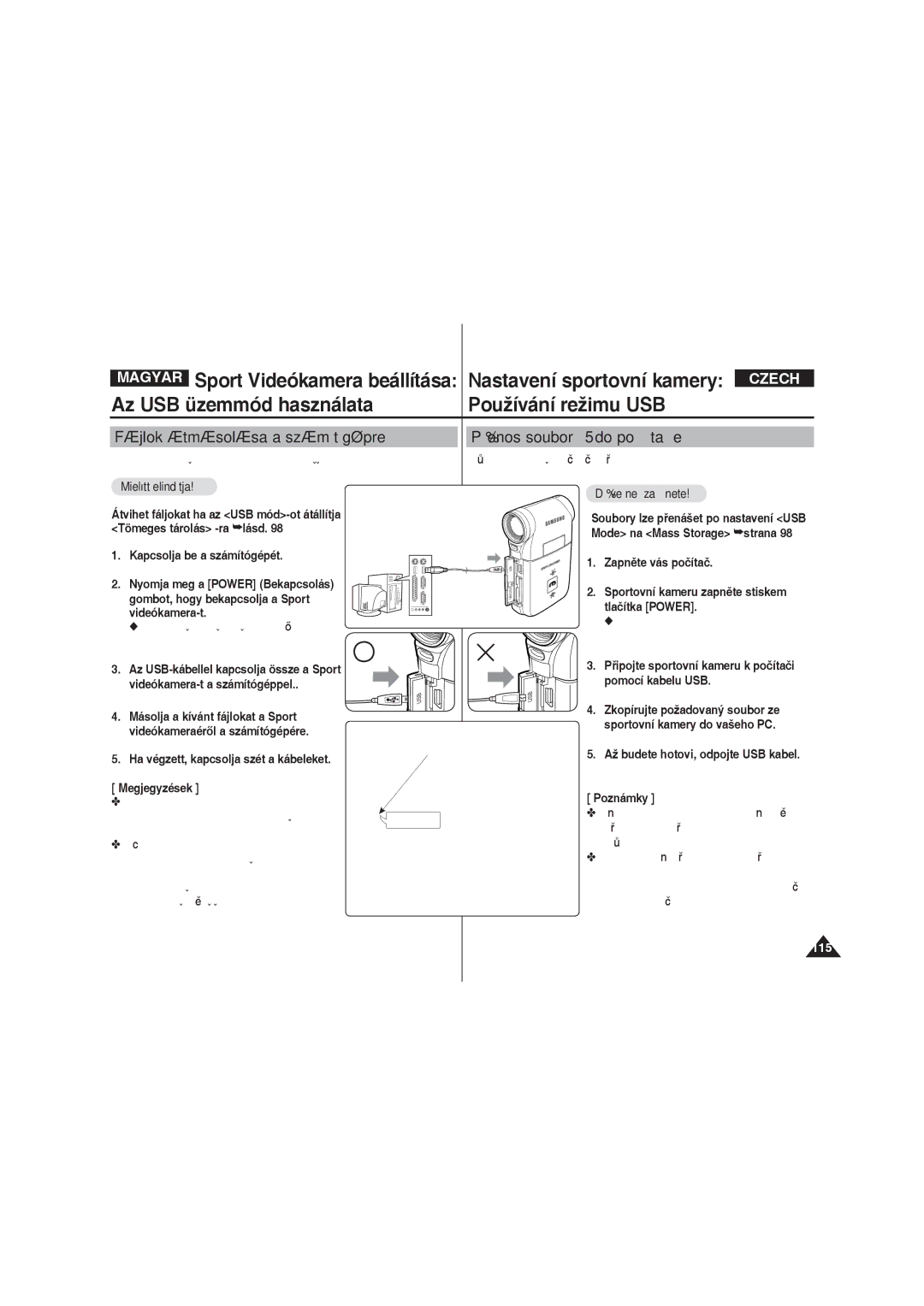 Samsung VP-X220L/XEO manual Sport Videókamera beállítása, Az USB üzemmód használata Používání režimu USB 