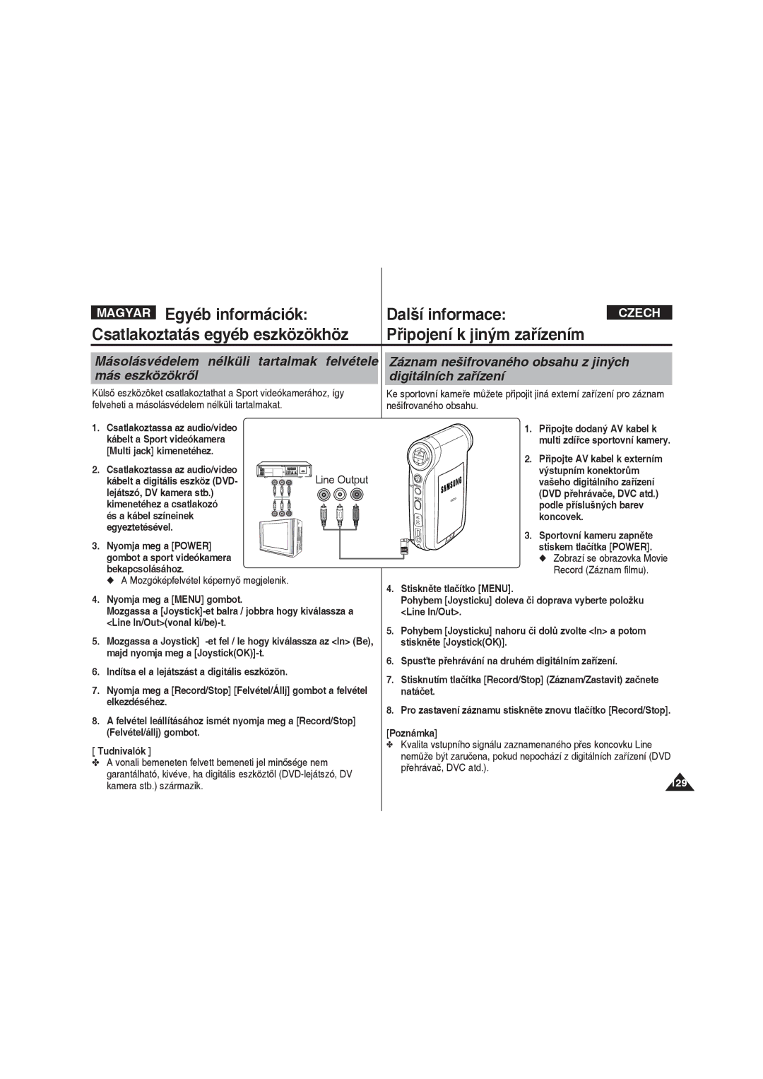 Samsung VP-X220L/XEO manual Másolásvédelem nélküli tartalmak felvétele más eszközökről, Výstupním konektorům, Koncovek 