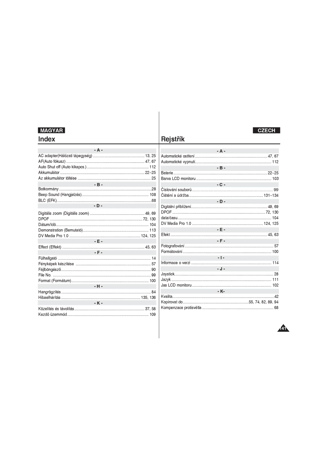 Samsung VP-X220L/XEO manual Index Rejstřík, 22~25, 131~134, 55, 74, 82, 89, AC adapterHálózati tápegység 