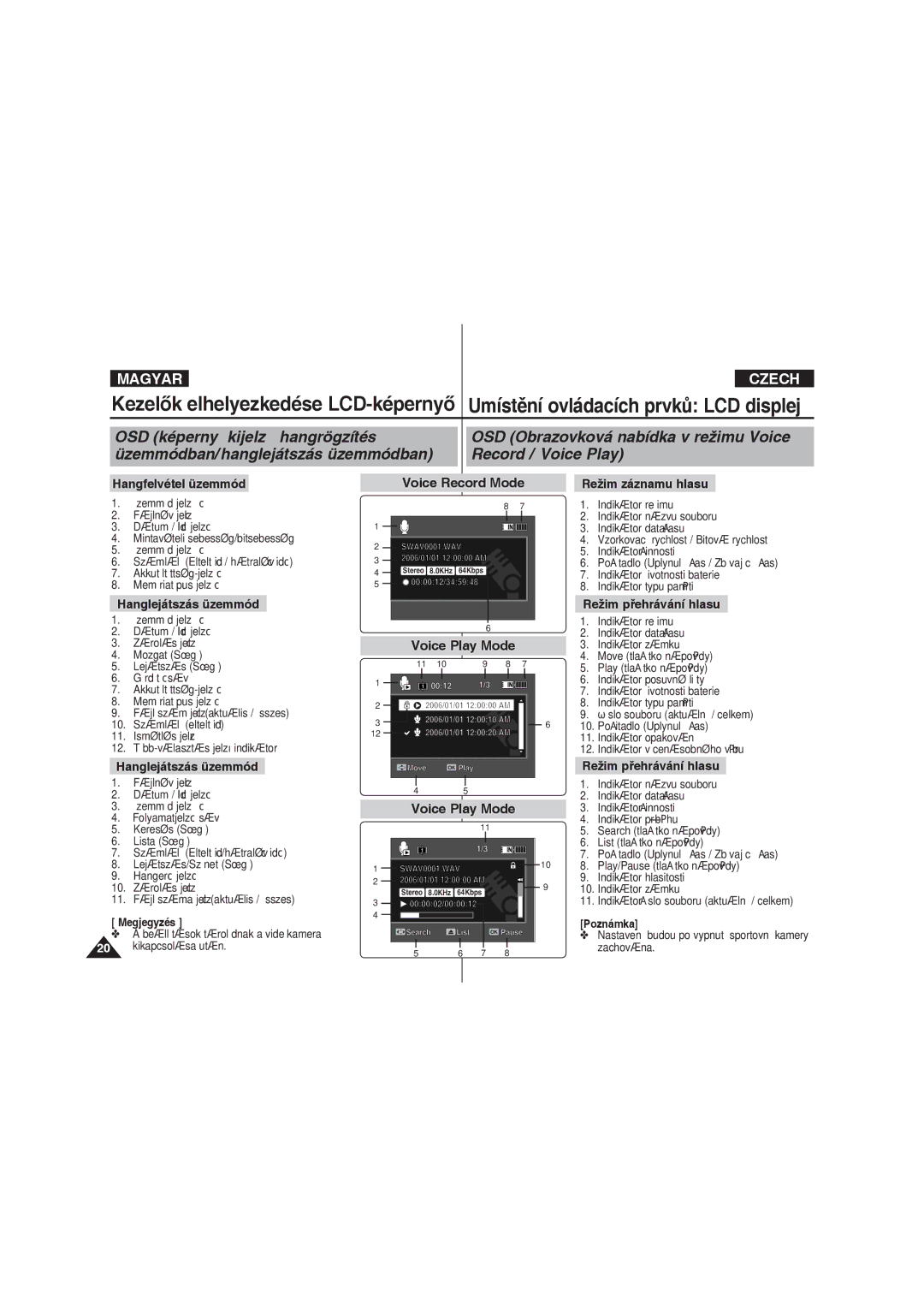 Samsung VP-X220L/XEO Hangfelvétel üzemmód, Voice Record Mode, Režim záznamu hlasu, Voice Play Mode, Hanglejátszás üzemmód 